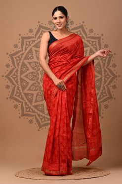  Maheshwari Silk Saree - Hand Block Red Blocks 